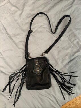 Black Studded Leather Fringe Crossbody Bag